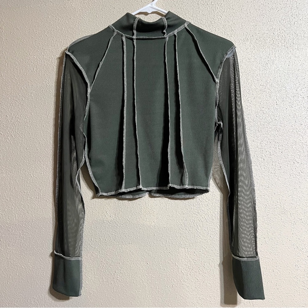 Mock Neck Olive Green Top with Mesh Sleeves! NWT
